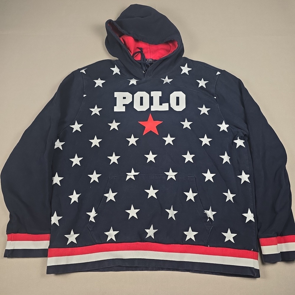 Polo Ralph Lauren Americana Hoodie Mens XL Blue Stars Red Hood Sweatshirt EUC
